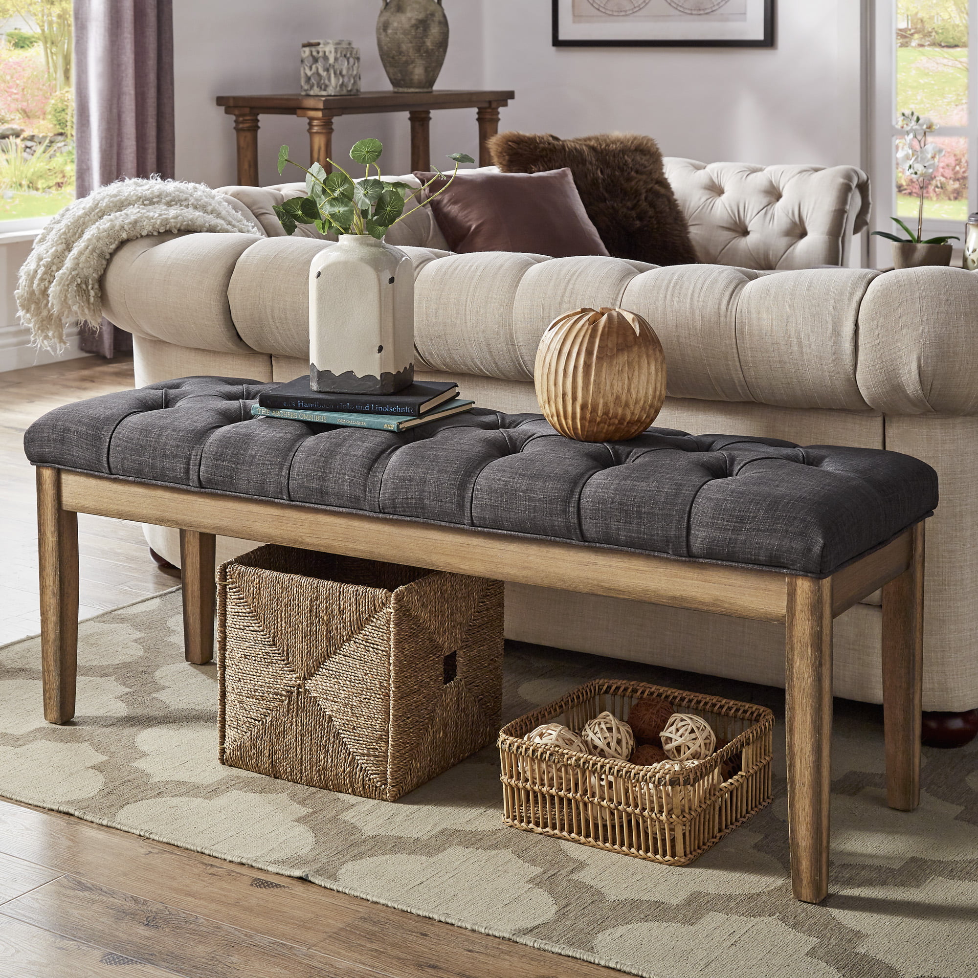 Weston Home 52″W Bench with Natural Wood. Dark Grey Linen