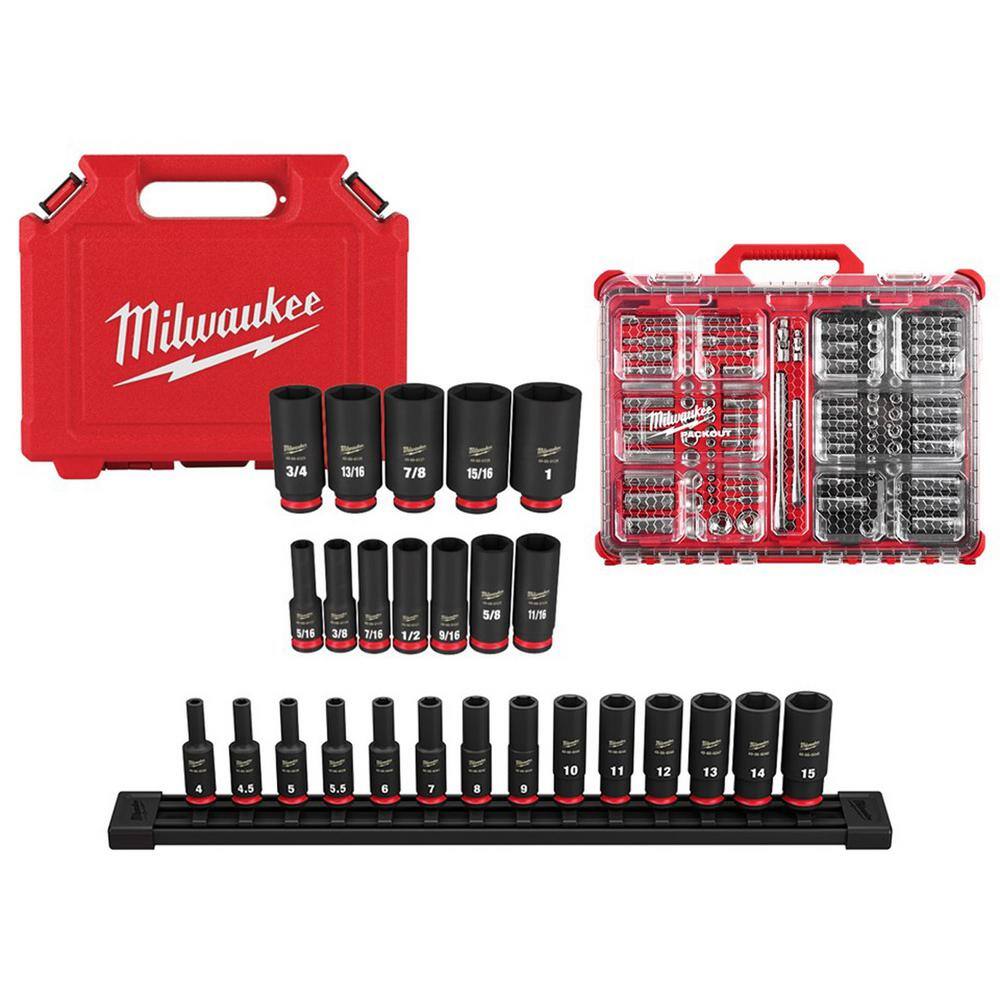 Milwaukee 49-66-7006-49-66-7003-48-22-9486 Shockwave 1/4 in. 3/8 in. Drive Deep Well Impact/Chrome Ratchet Socket Set with Packout (132-Piece)