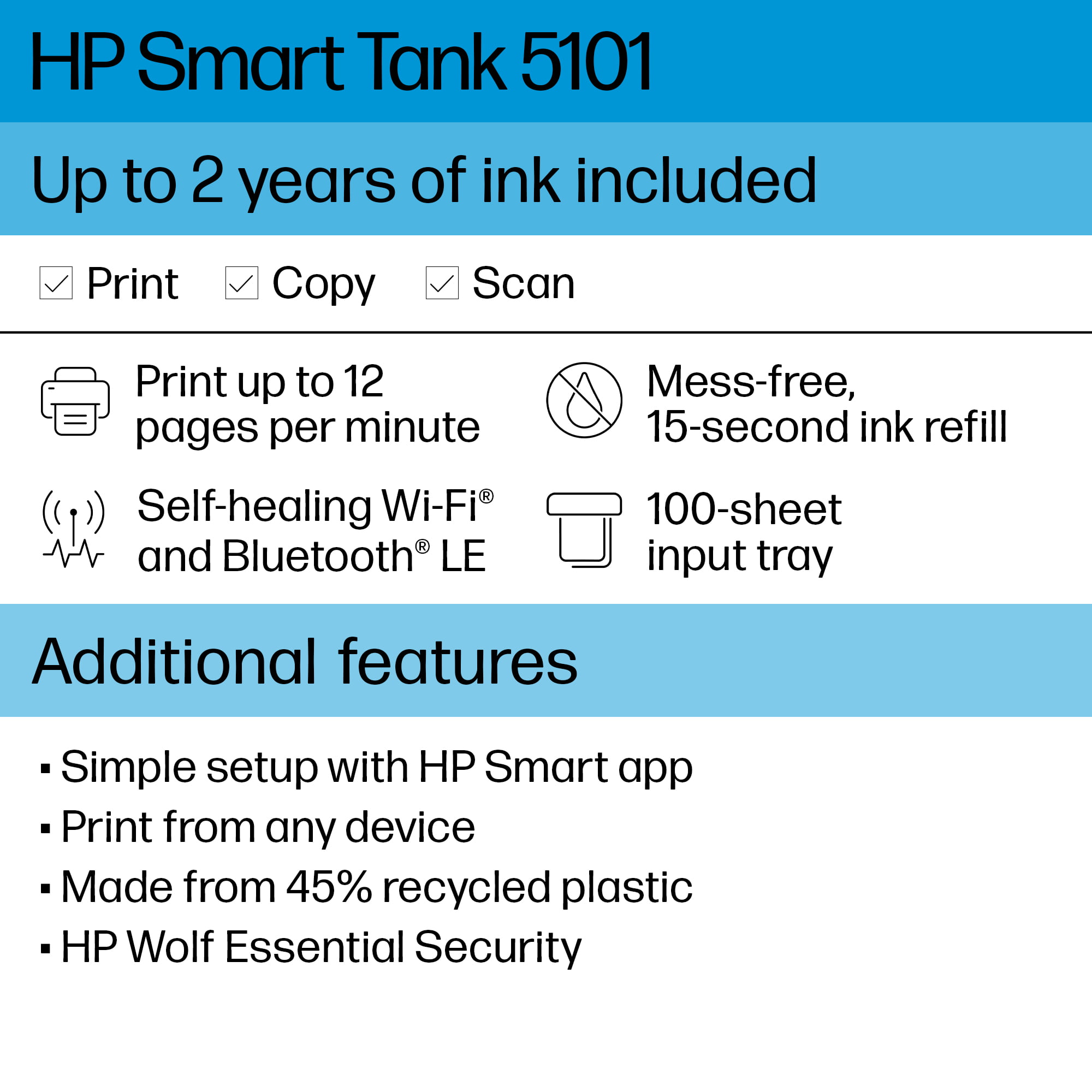 HP Smart Tank 5101 Wireless All-in-One Supertank Color home Inkjet Printer with up to 2 Years of Ink Included