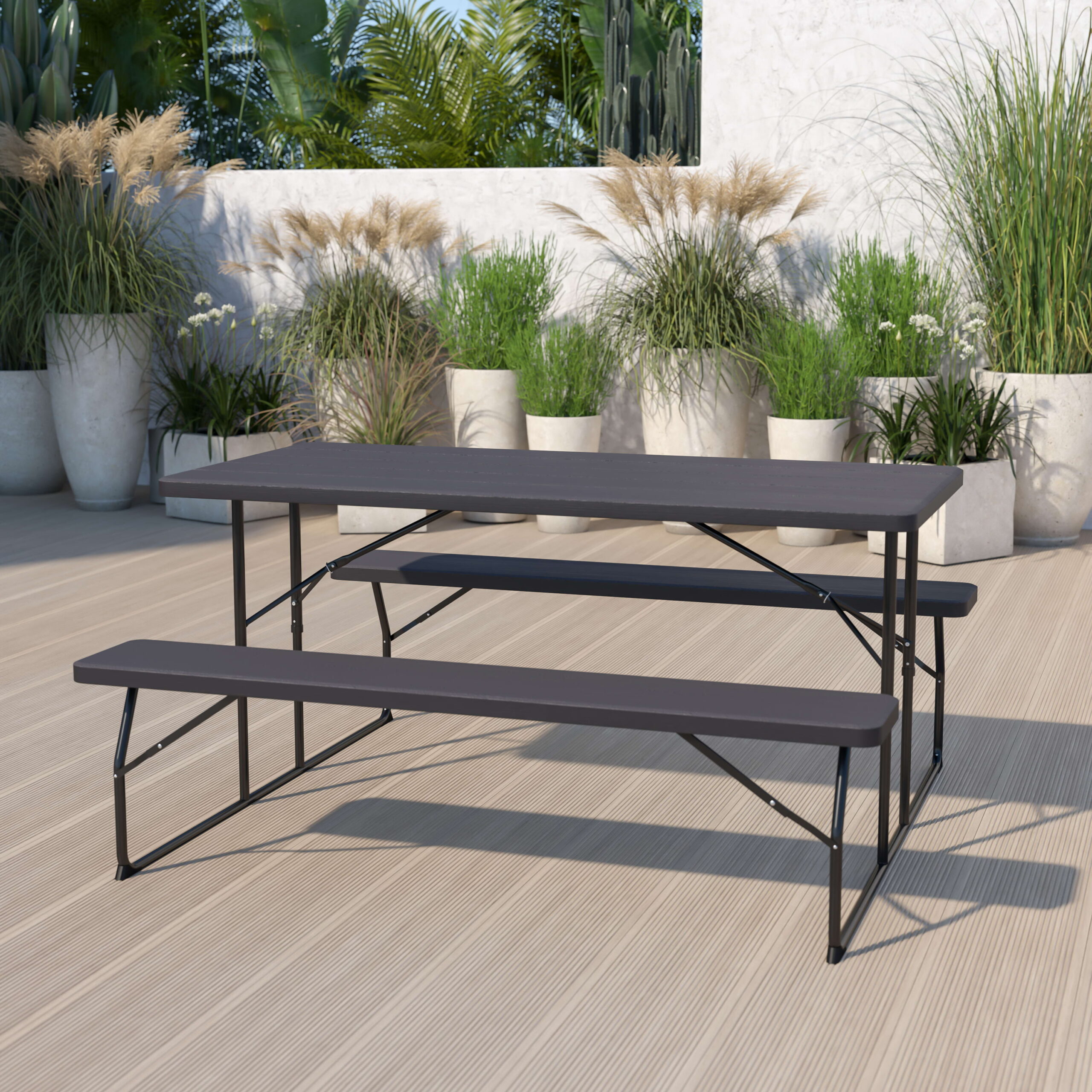 Flash Furniture Insta-Fold Charcoal Wood Grain Folding Picnic Table and Benches - 4.5 Foot Folding Table