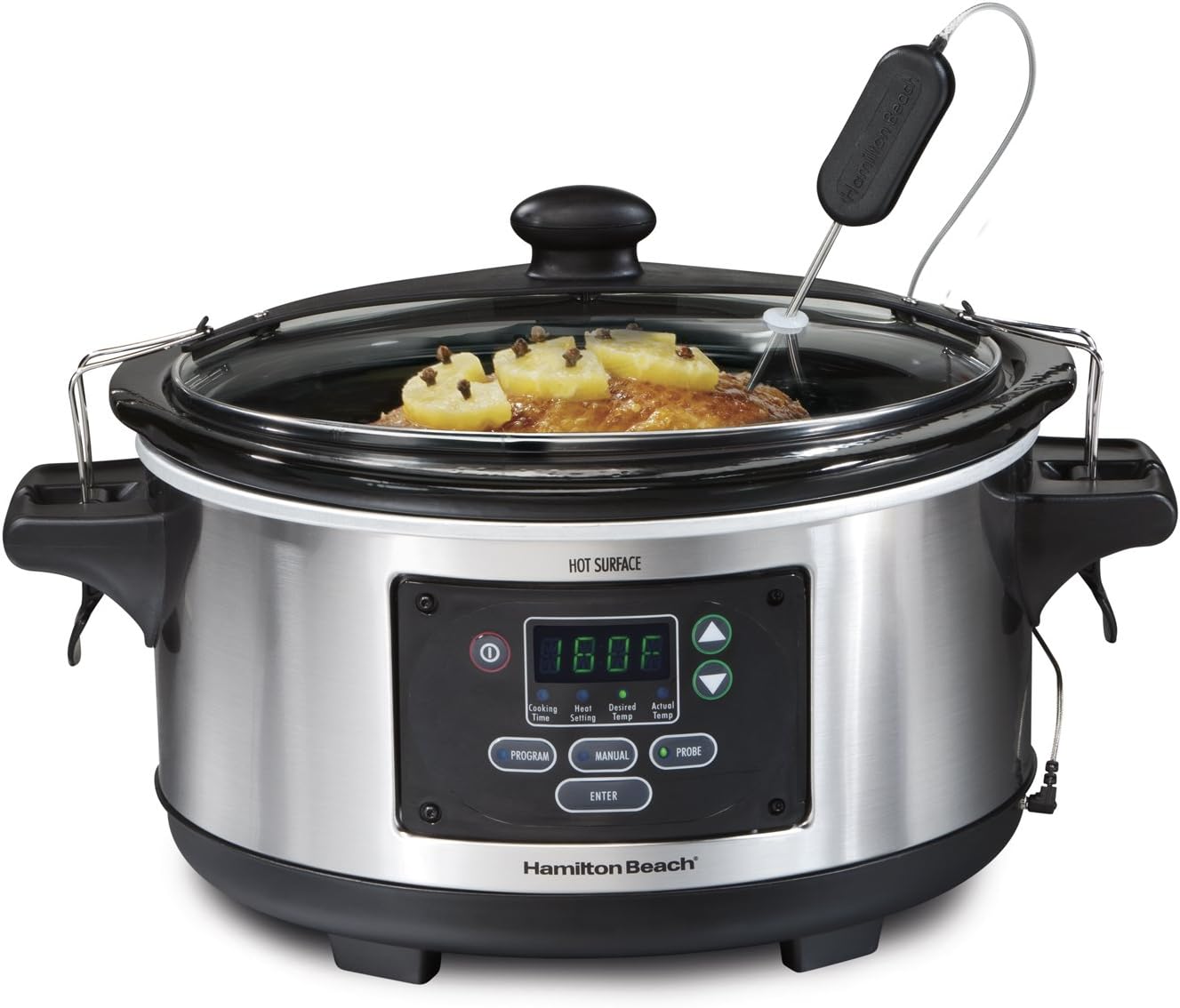 Hamilton Beach Portable 6 Quart Set & Forget Digital Programmable Slow Cooker with Lid Lock. Dishwasher Safe Crock & Lid. Temperature Probe. Stainless Steel