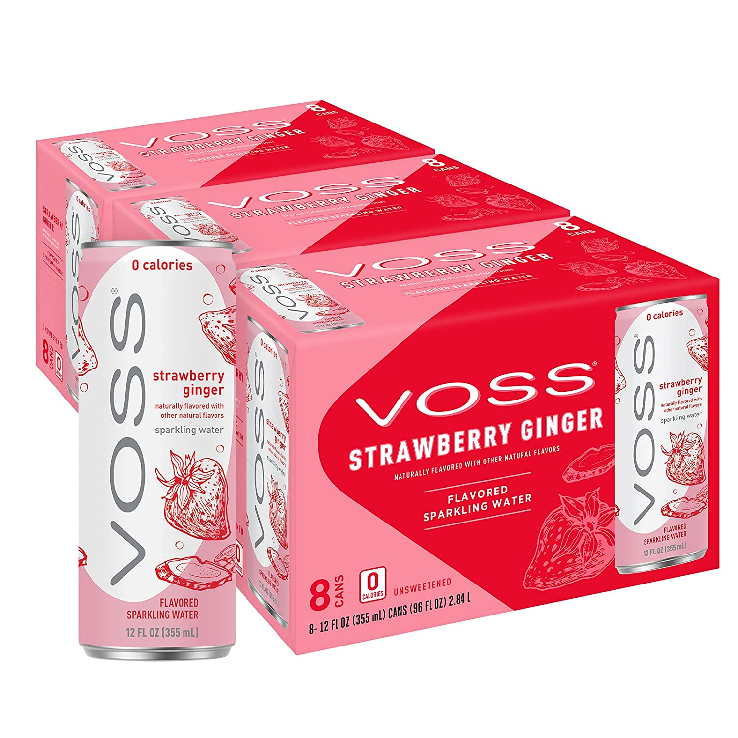 VOSS Strawberry Ginger Flavored Sparkling Water. 355ml Cans (Pack of 24)