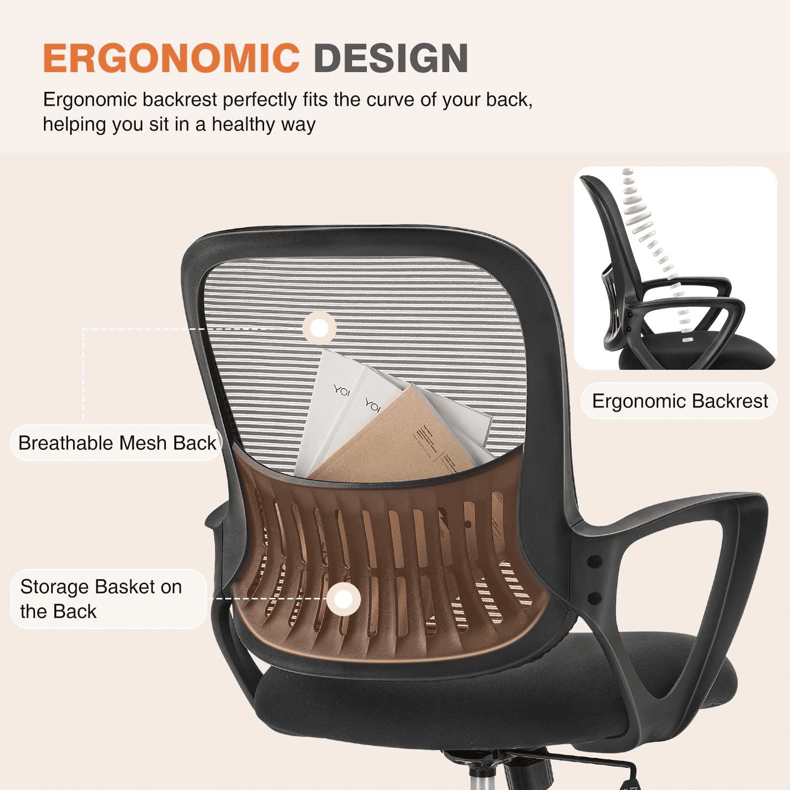 Yoyomax Office Chair. Ergonomic Home Office Desk Chairs. Computer Chair with Comfortable Armrests. Mesh Desk Chairs with Wheels. Mid-Back Task Chair with Lumbar Support. Classic. Black