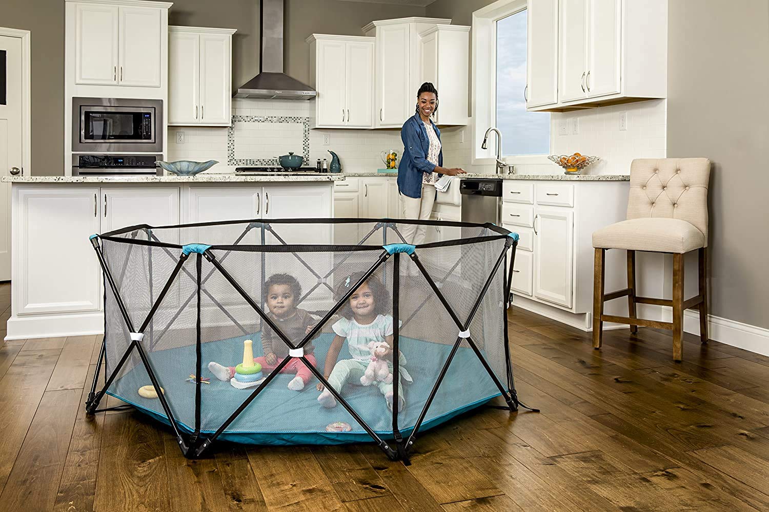 Regalo My Play Deluxe Extra Large Portable Play Yard Indoor and Outdoor. Bonus Kit. Washable. Teal. 8-Panel