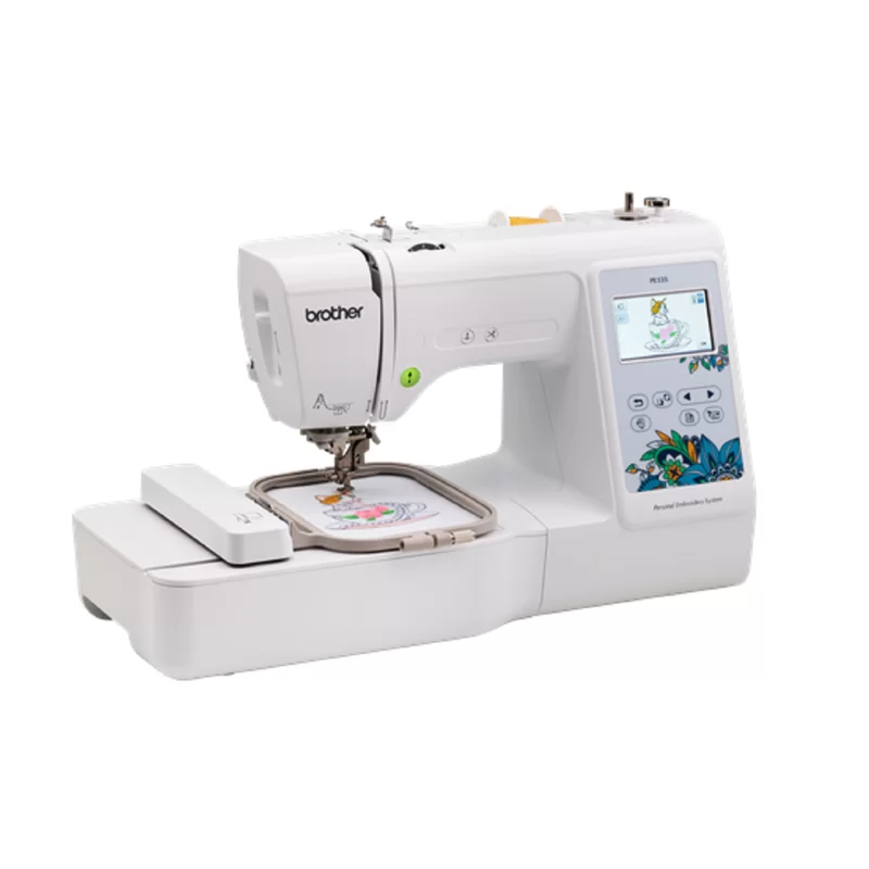 Brother PE535 Embroidery Machine. 80 Built-in Designs. 4″ x 4″ Hoop Area. Large 3.2″ LCD Touchscreen. USB Port. 9 Font Styles