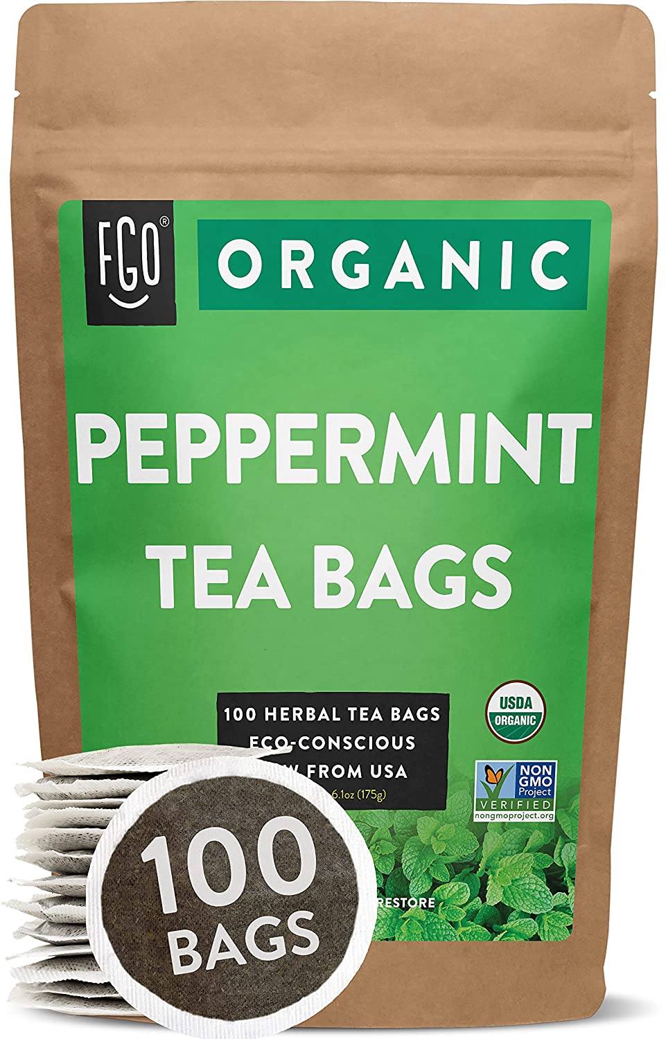 FGO Organic Peppermint Tea Bags 100 Tea Bags Eco-Conscious Tea Bags in Kraft Bag Raw from USA
