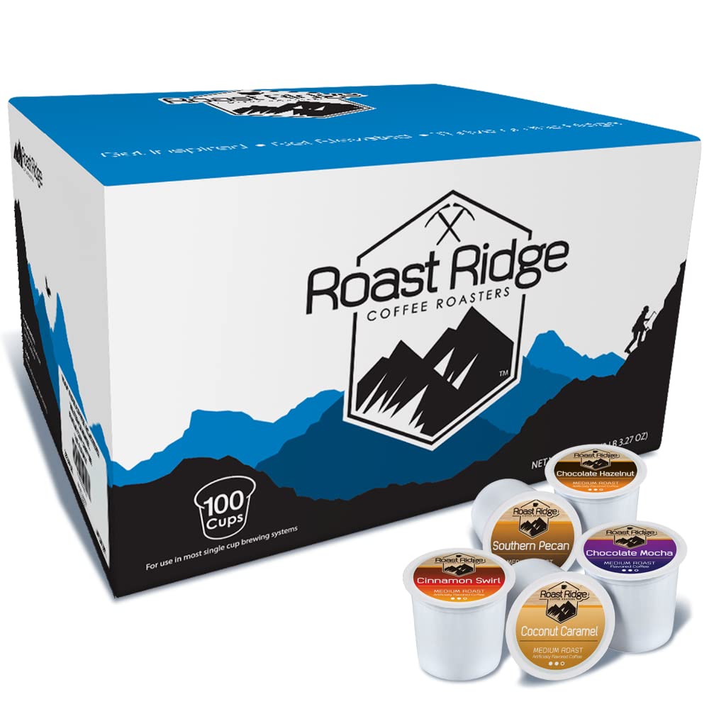 Roast Ridge Single Serve Coffee Pods for Keurig K-Cup Brewers. Variety Pack. Medium Roast. 100 Count (20 each: Cinnamon Swirl. Coconut Caramel. Chocolate Mocha. Southern Pecan. Chocolate Hazelnut)