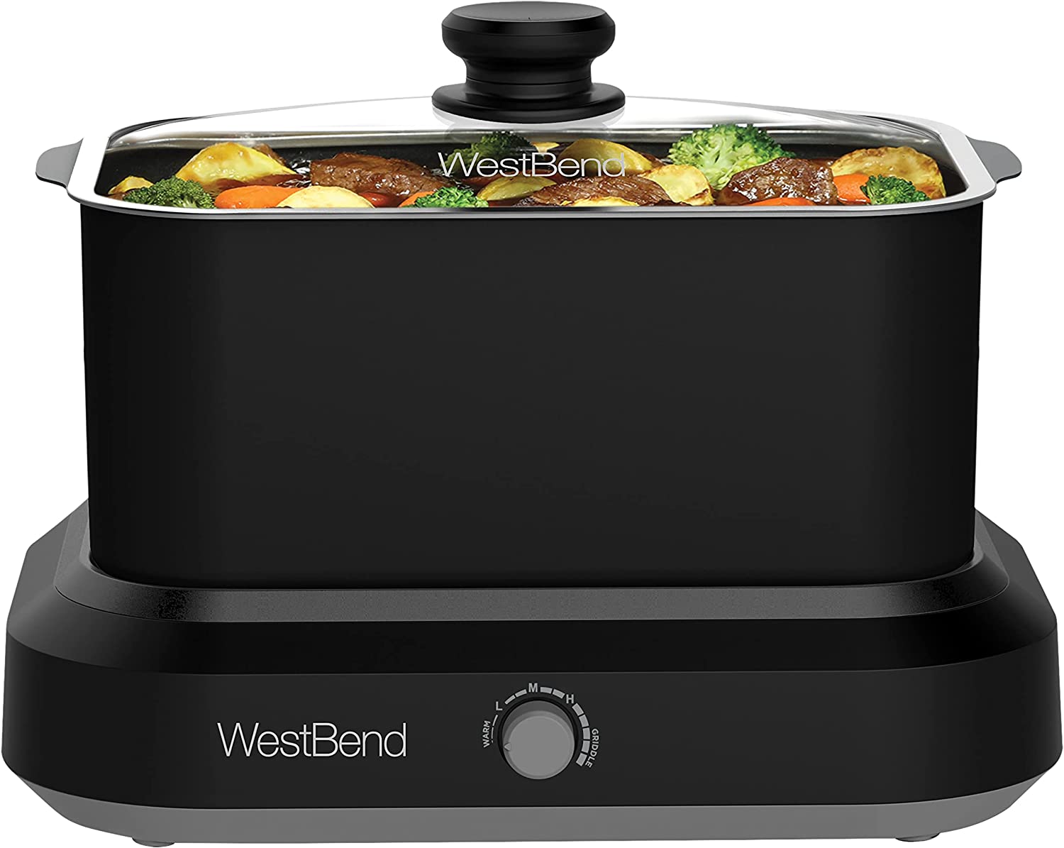 West Bend 87906BK Slow Cooker. Large-Capacity Non-Stick Crockpot with Variable Temperature Control. Travel Lid and Thermal Carrying Case. 6 Qt. Black
