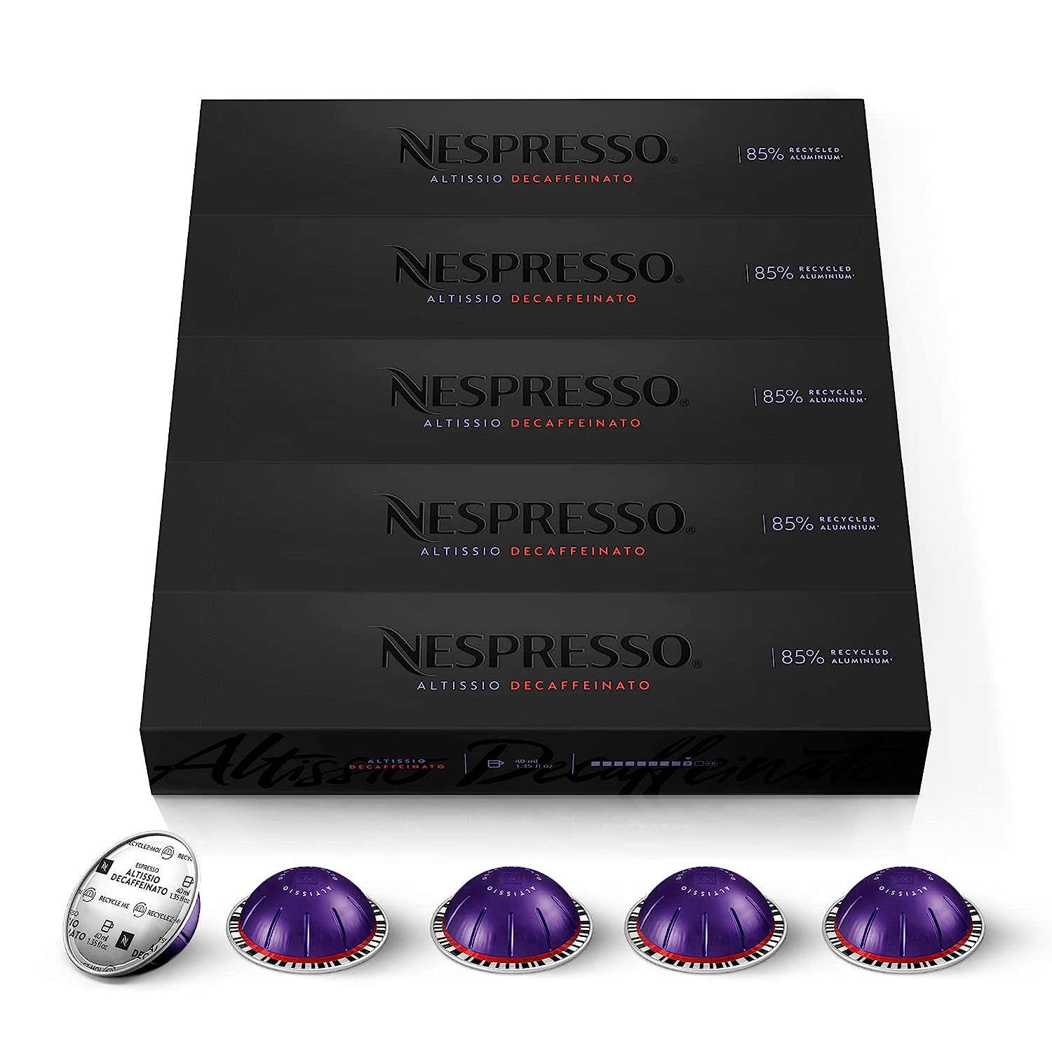 Nespresso Capsules VertuoLine. Altissio Decaffeinato. Dark Roast Espresso. 50 Count Espresso Coffee Pods. Brews 1.35 Ounce (VERTUO ONLY)