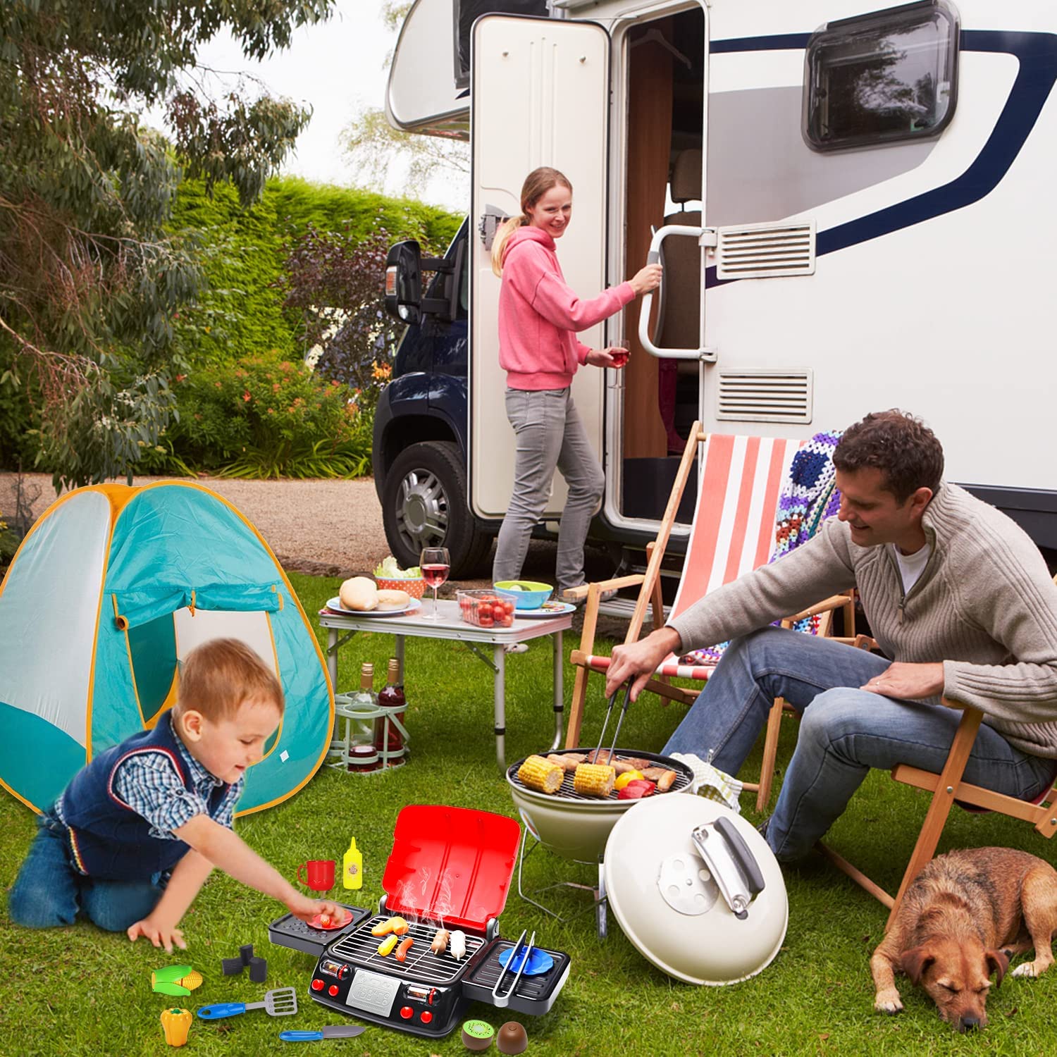 AugToy Kids Play Food Grill with Pretend Smoke Sound Light Kitchen Playset Pretend BBQ Accessories Camping Toy Cooking Set Birthday Outdoor Toys for Toddlers Children Boys Girls Kid Toy