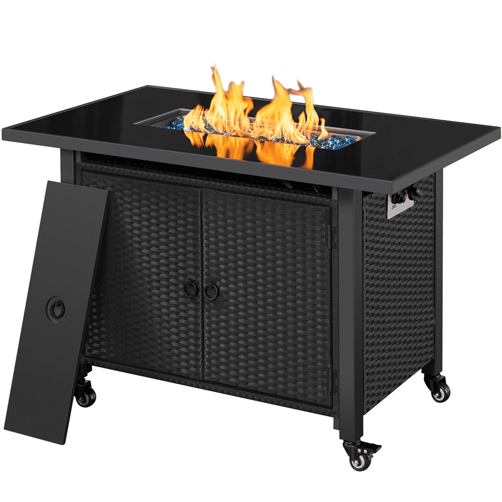 Yaheetech 43” Propane Fire Pit Table 50.000 BTU Glass Top Gas Fire Pit with Wheels. Black
