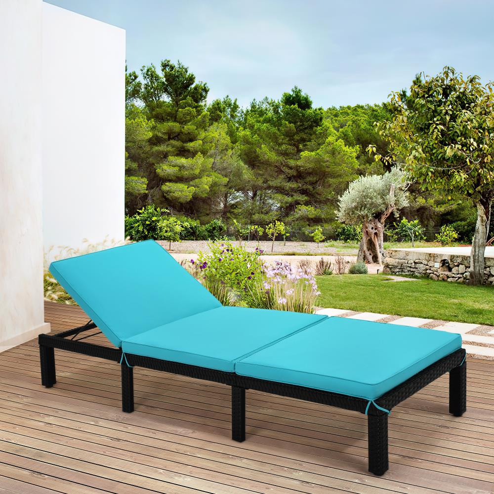 Clihome Chaise Lounge Chair Sun Bed Rattan Black Metal Frame Stationary Chaise Lounge Chair(s) with Blue Cushioned Seat