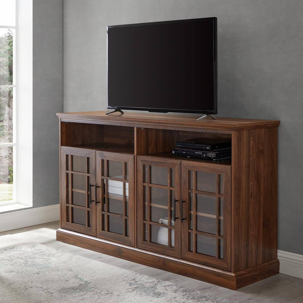 Welwick Designs  58 in. Dark Walnut Wood TV Stand Fits TVs Up to 64 in. with Storage Doors