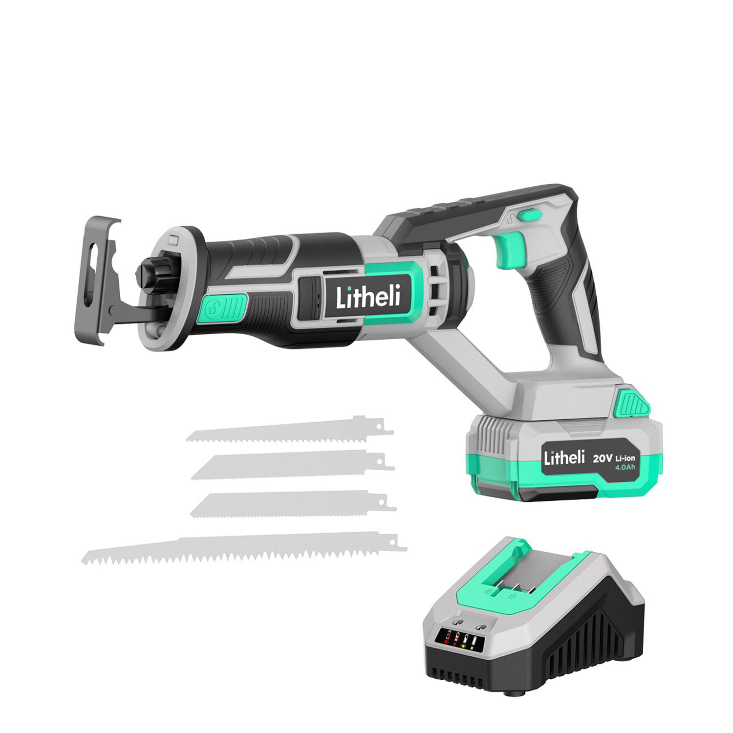 Litheli 20 V Cordless Reciprocating Saw with 4.0 Ah Battery & Charger. 0-3000 SPM Variable Speed. Tool-free Blade Replacement