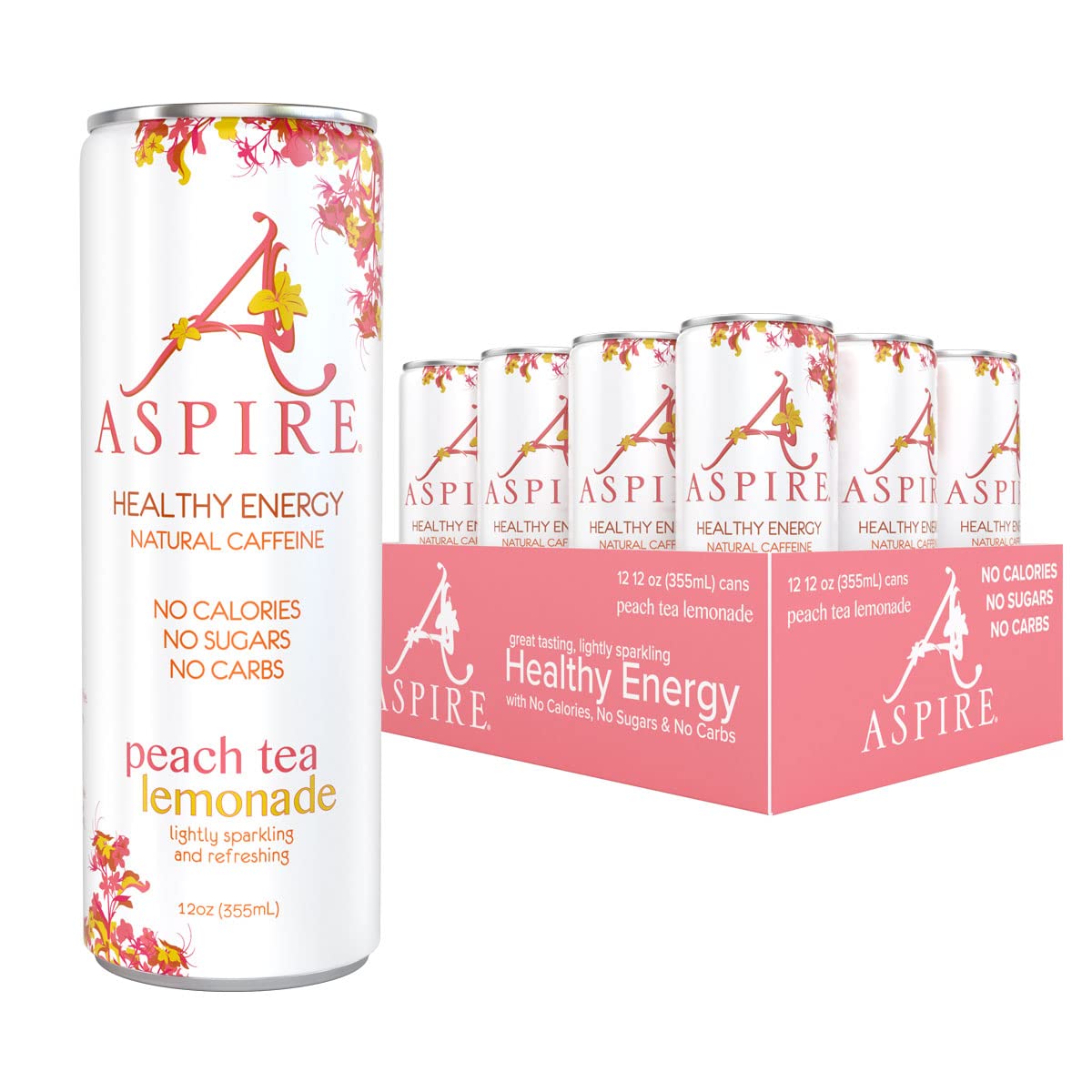 Aspire Healthy Energy Drink. Peach Tea Lemonade (Pack of 12) 12 oz Cans. Natural Caffeine and Zero Sugar. Coffee Substitute. Vitamins B & C. Keto. Vegan. and Kosher Friendly
