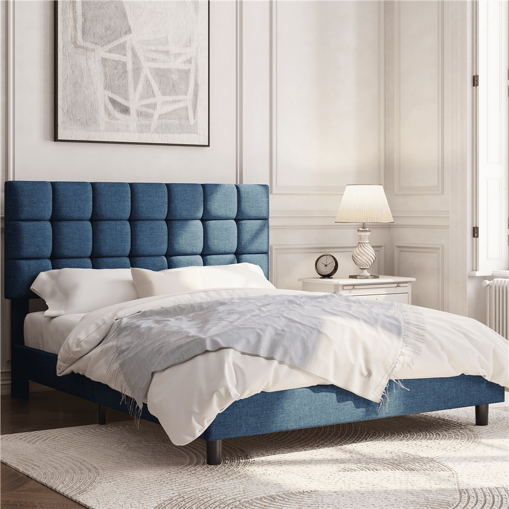 Alden Design Upholstered Tufted Platform Queen Bed. Navy Blue