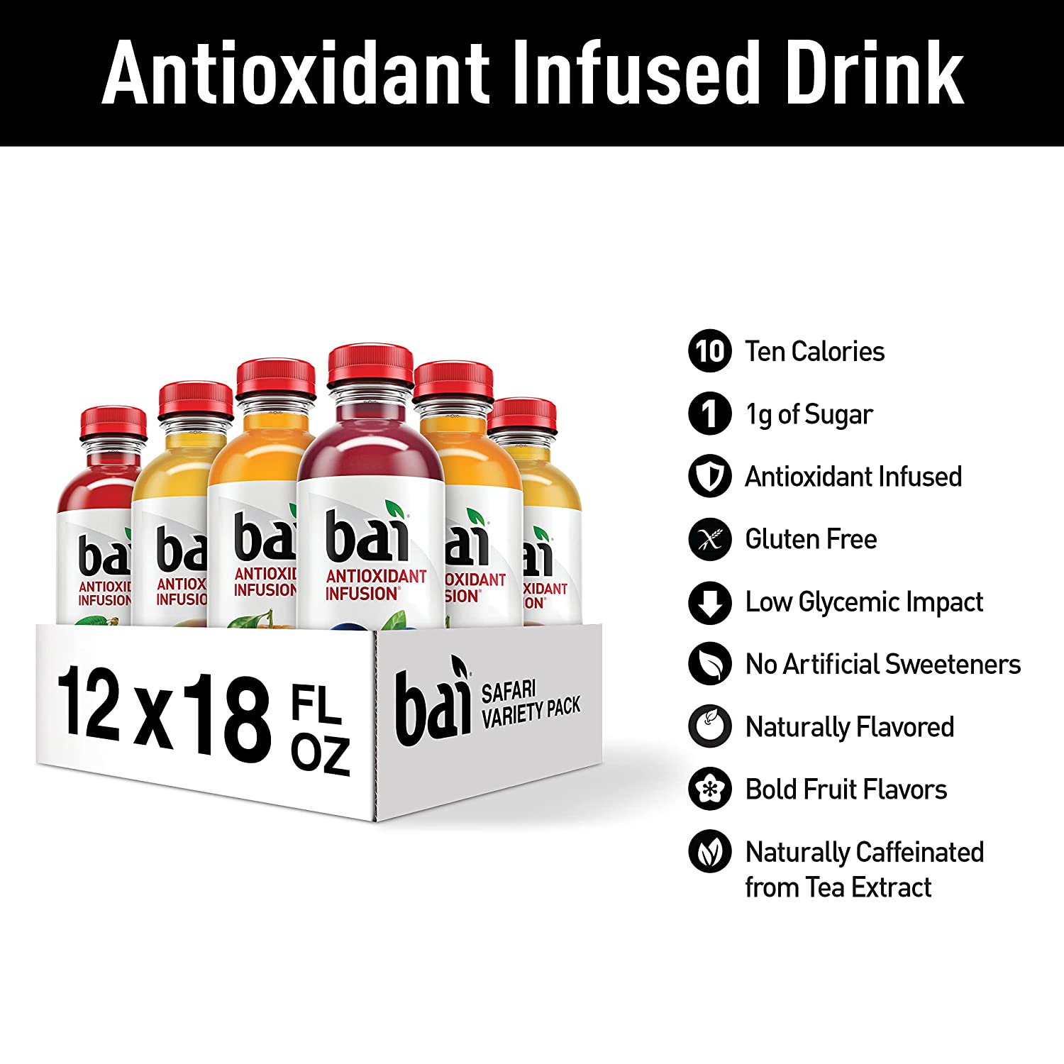 Bai. Safari Variety Pack. Antioxidant Infused. 18 Ounce Bottles. 12 Pack