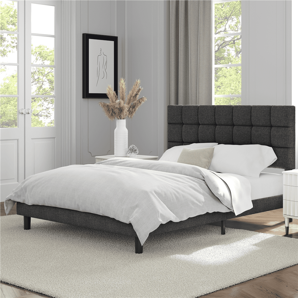 Alden Design Upholstered Tufted Platform Queen Bed. Dark Gray