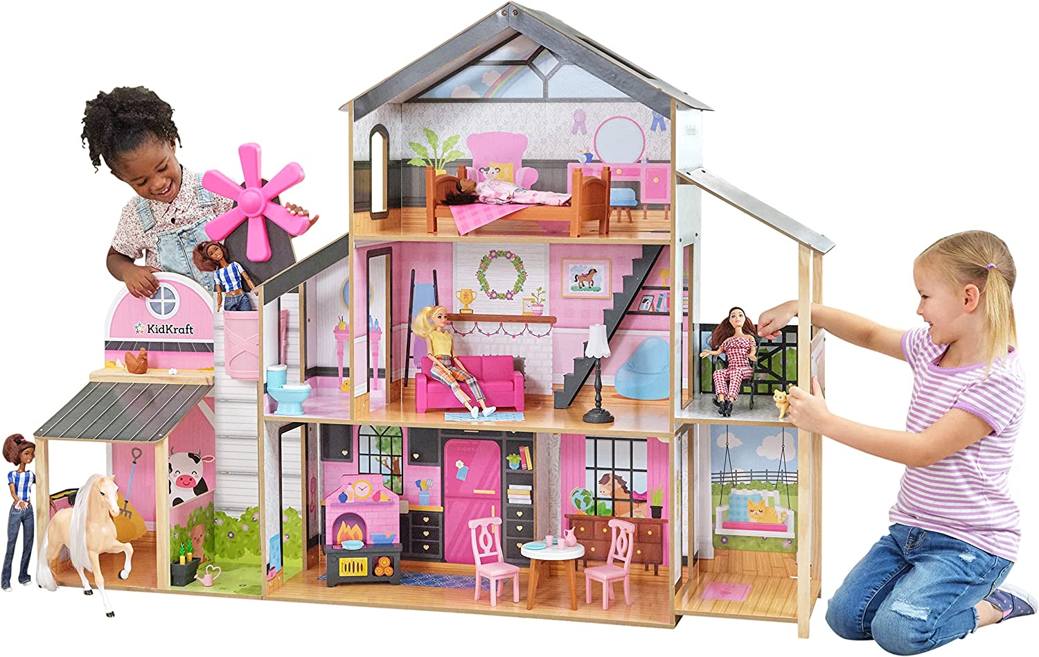 KidKraft Windmill Elevator 2-in-1 Wooden Barn & Dollhouse with Horse and Lights & Sounds. Over 3 Feet Tall. Pink