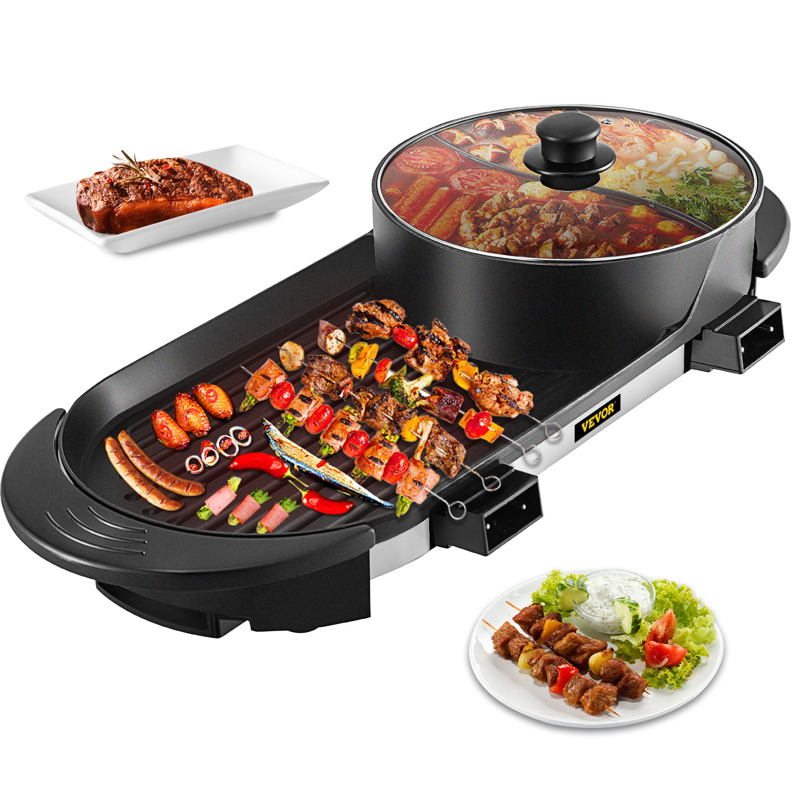 VEVOR 2 in 1 Electric Hot Pot and Grill. 2200W Separate Dual Temperature Control Electric Skillett. 5 Speed for Indoor Korean BBQ.Black
