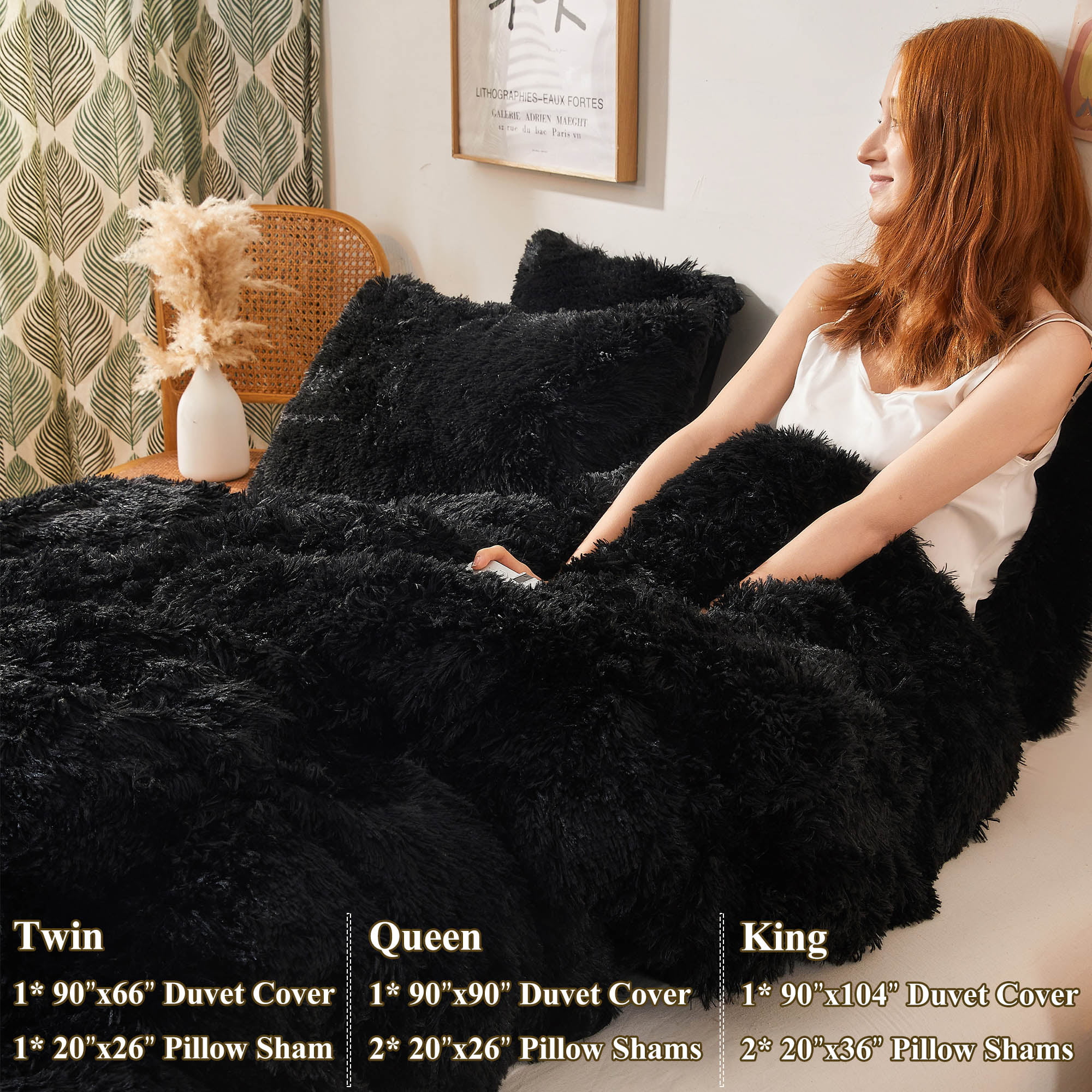 XeGe 3 Pieces Furry Plush Duvet Cover Set. Black