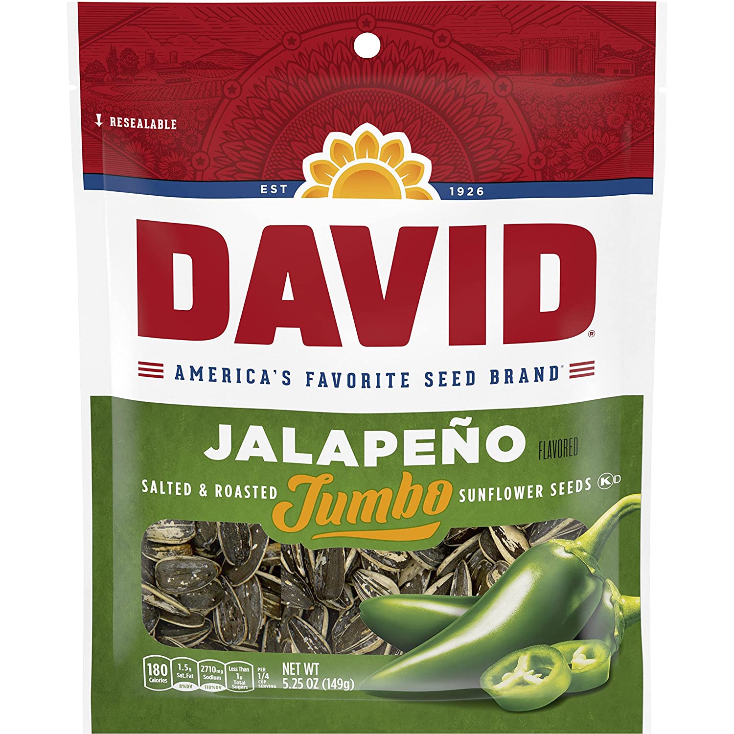 DAVID Roasted and Salted Jumbo Sunflower Seeds. Jalapeño. 5.25 Ounce (Pack of 12)