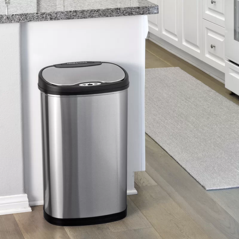 NINESTARS CB-DZT-50-13/12-13 Automatic Touchless Infrared Motion Sensor Trash Can Combo Set. 13 Gal 50L & 3 Gal 12L. Stainless Steel Base (Oval. Silver/Black Lid)