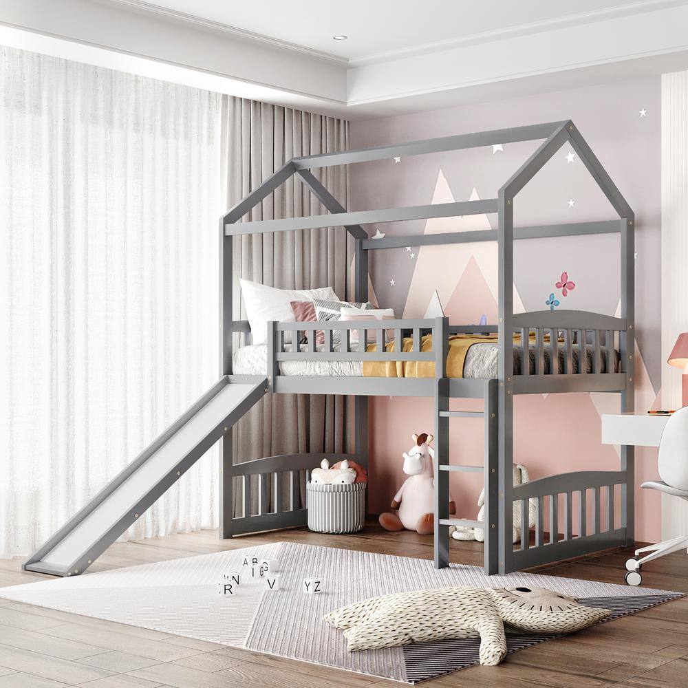 Harper & Bright Designs  Gray Twin Size House Loft Bed with Slide and Ladder