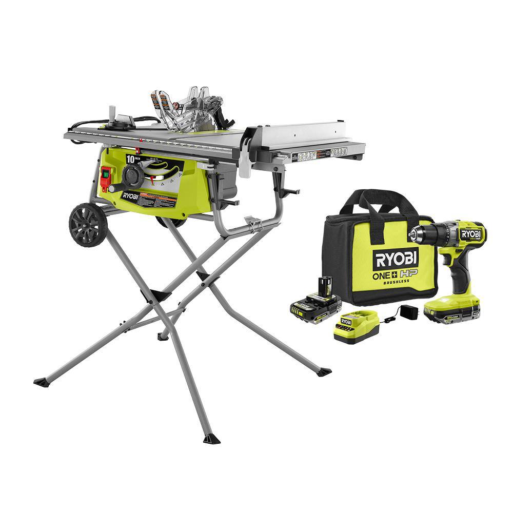 RYOBI RTS23-PBLDD01K 15 Amp 10 in Expanded Capacity Portable Table Saw w/ Rolling Stand & ONE+ 18V Brushless Drill/Driver w/Battery & Charger