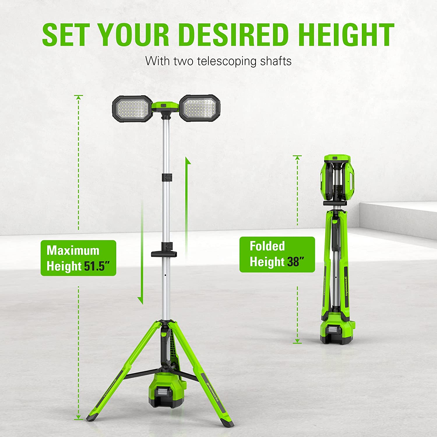 Greenworks 24V Standing Light Kit. LED Tripod Light with 2Ah Battery and 2A Charger