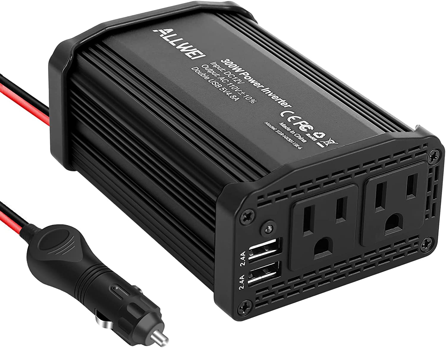 ALLWEI 300W Power Inverter Car DC 12V to 110V AC Converter 4.8A Dual USB Charging Ports Car Charger Adapter (Black)