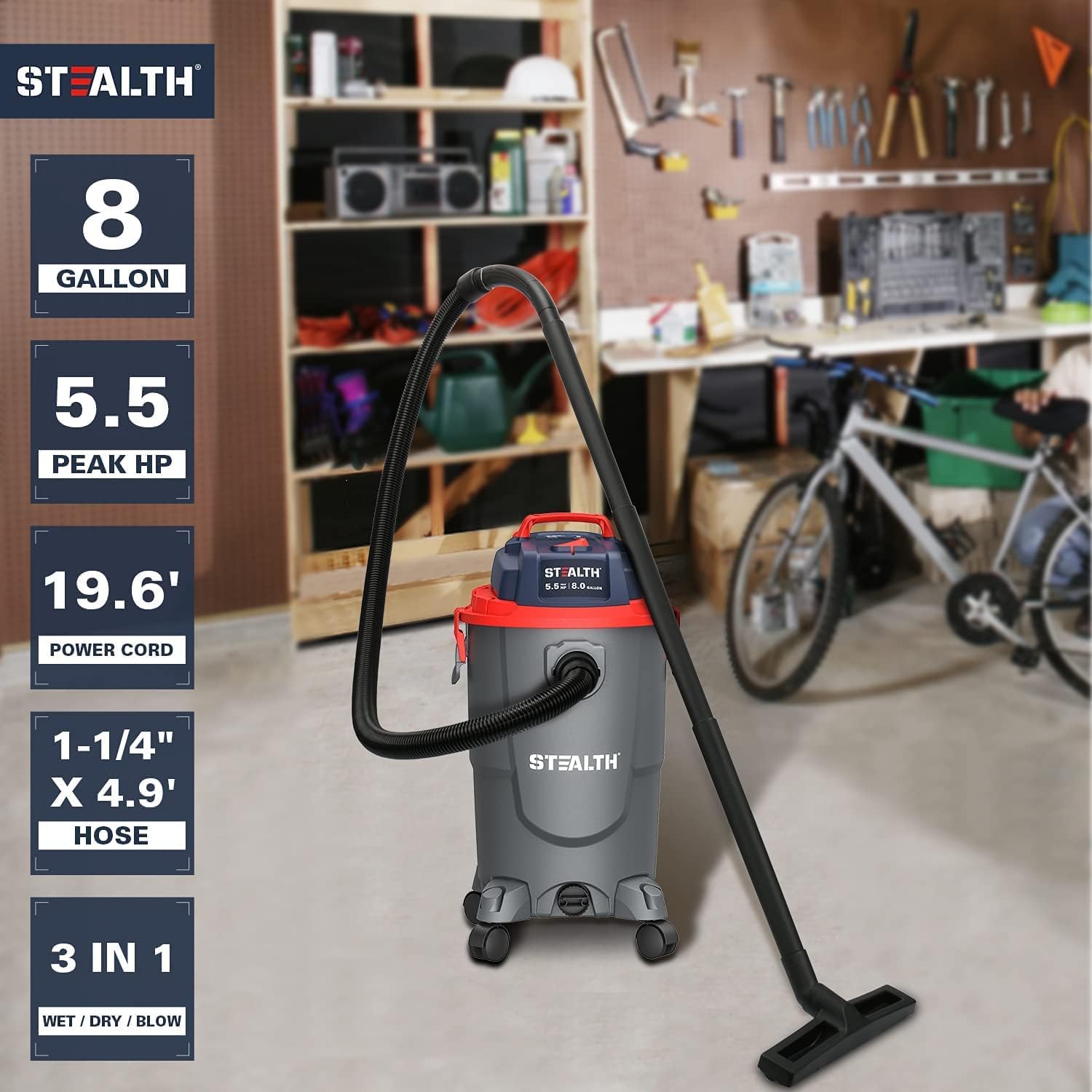 Stealth Wet Dry Vacuum Cleaner 8 Gallon. 5.5 Peak HP Shop Vacuum with Blower & Drain Port for Home. Garage. Car. Workshop. ECV08P1