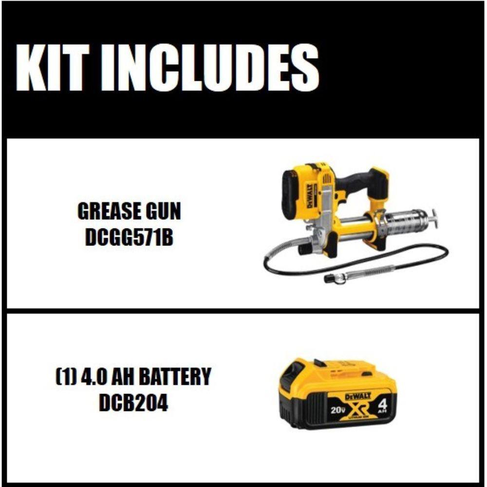 DEWALT DCGG571Bw4b 20V MAX Cordless 10.000 PSI Variable Speed Grease Gun and (1) 20V MAX XR Premium Lithium-Ion 4.0Ah Battery