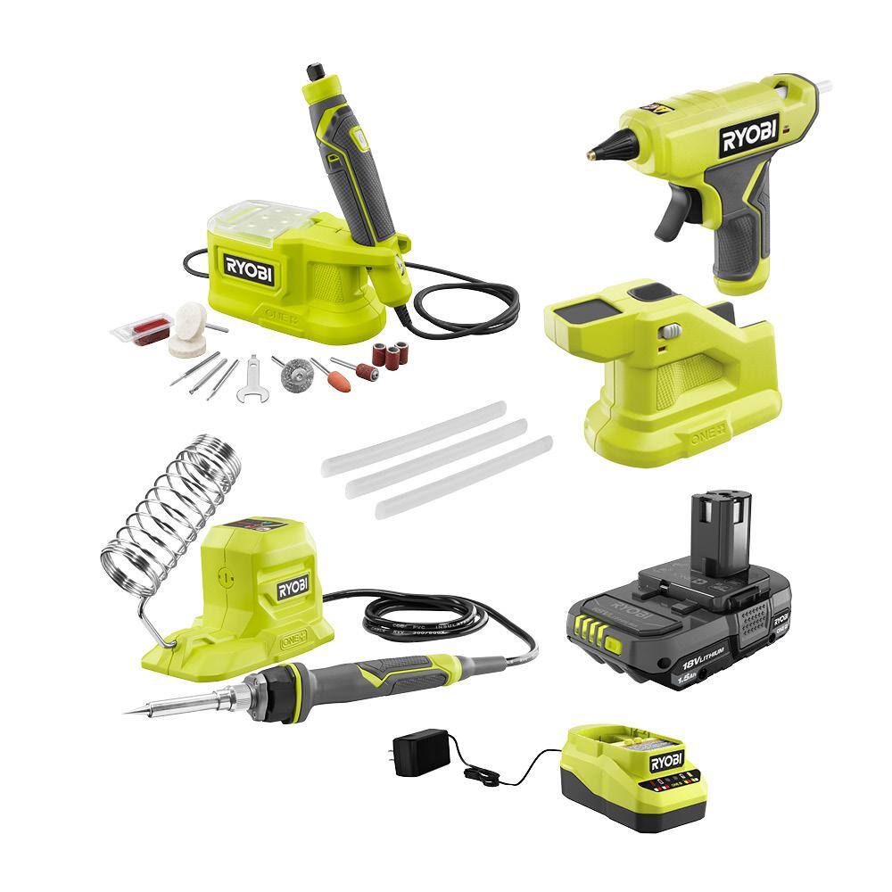 RYOBI PCL1305K1N ONE+ 18V Cordless 3-Tool Hobby Kit with Compact Glue Gun. Soldering Iron. Rotary Tool. 1.5 Ah Battery. and Charger