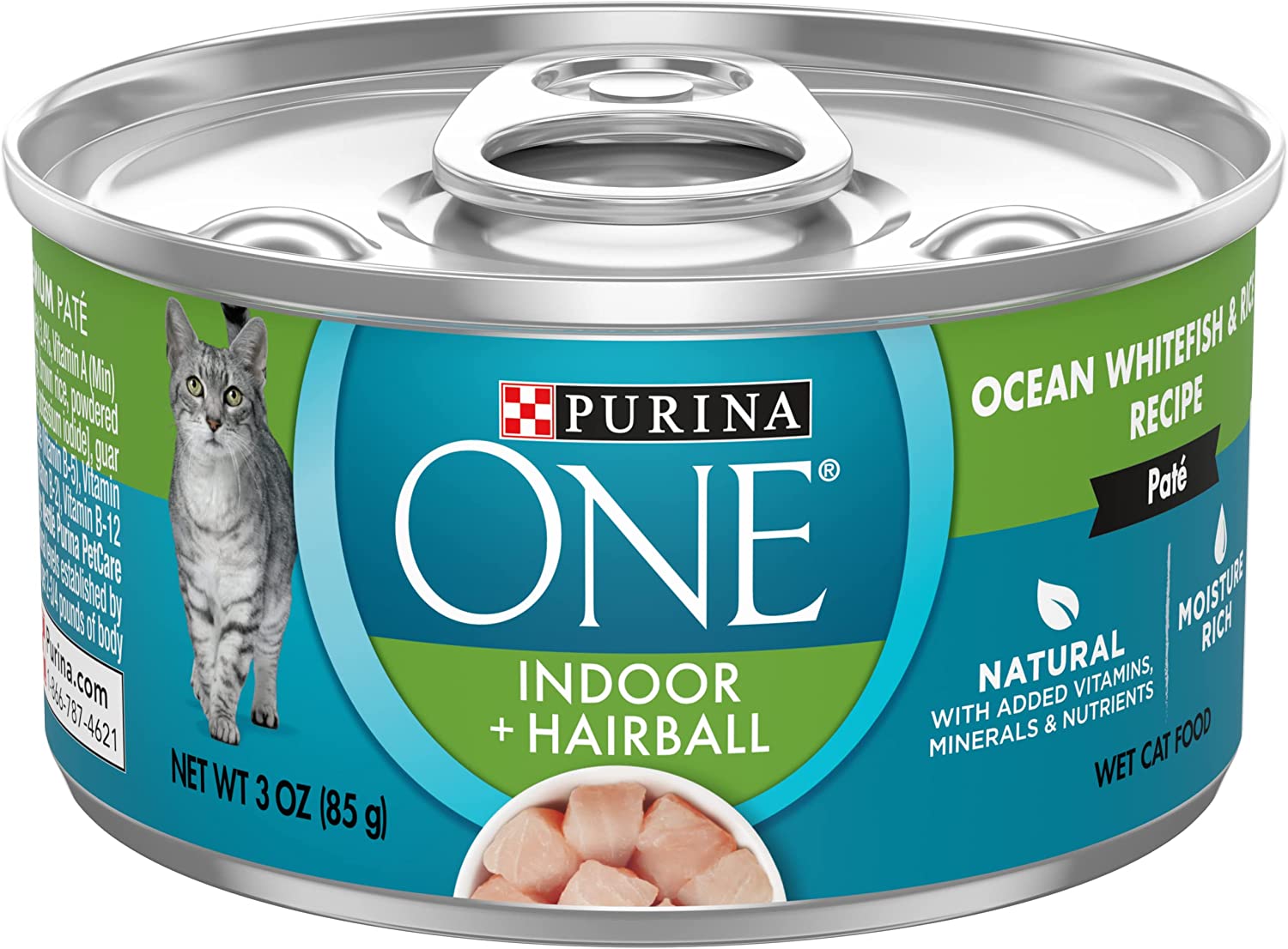 Purina ONE Indoor Natural High Protein Pate Wet Cat Food. Indoor Advantage Ocean Whitefish & Rice - (12) 3 oz. Pull-Top Cans