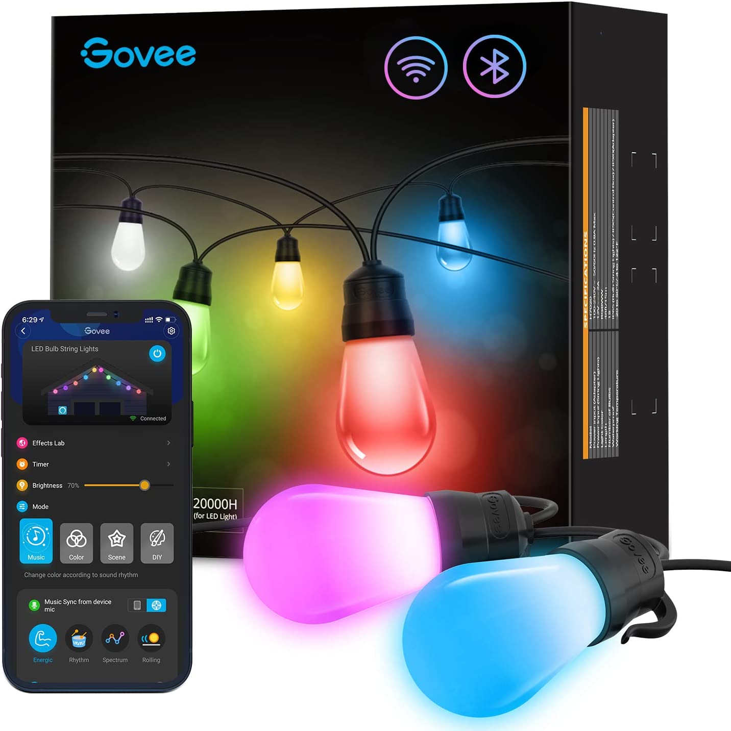 Govee Smart Outdoor String Lights. 48ft RGBIC Patio Lights with 15 Dimmable Warm White LED Bulbs. IP65 Waterproof WiFi APP Control Outdoor String Lights Work with Alexa for Balcony. Backyard. Party