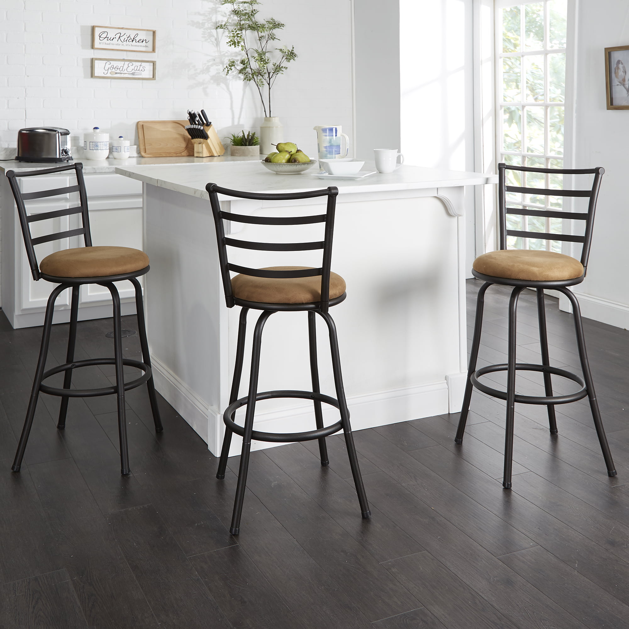 Mainstays 3 Pack Adjustable 24″ or 29″ Bronze Ladder Back Swivel Barstool. Tan Microfiber Seat