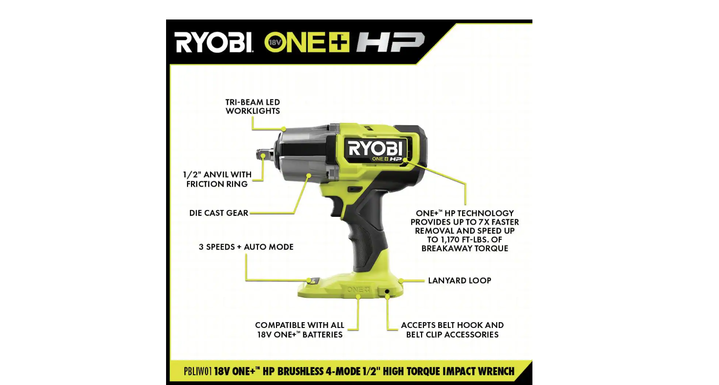 RYOBI PBLIW01B ONE+ HP 18V Brushless Cordless 4-Mode 1/2 in. High Torque Impact Wrench (Tool Only)