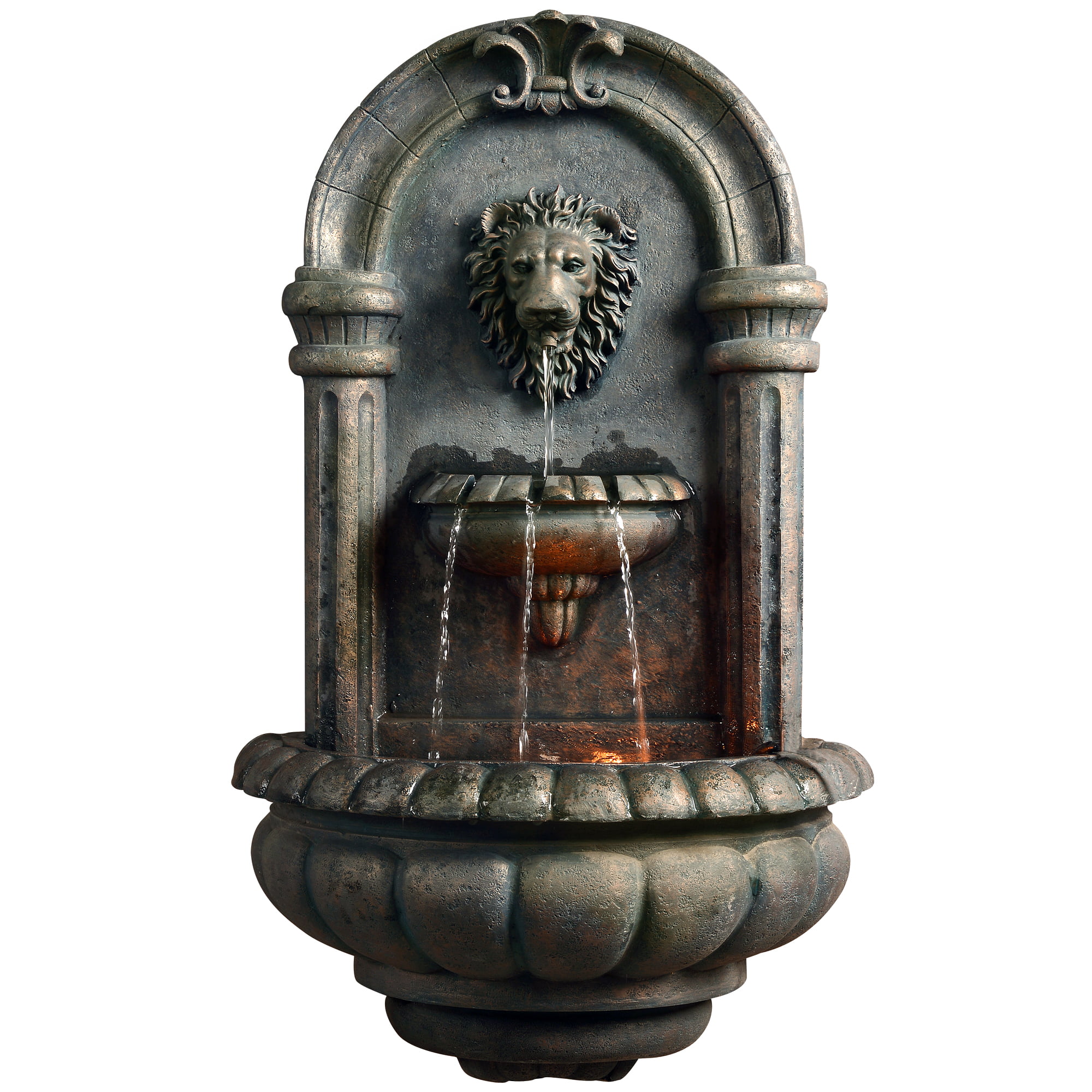 Teamson Home Outdoor Tiered Lion Head Stone Wall Fountain with LED Light. Antique Bronze