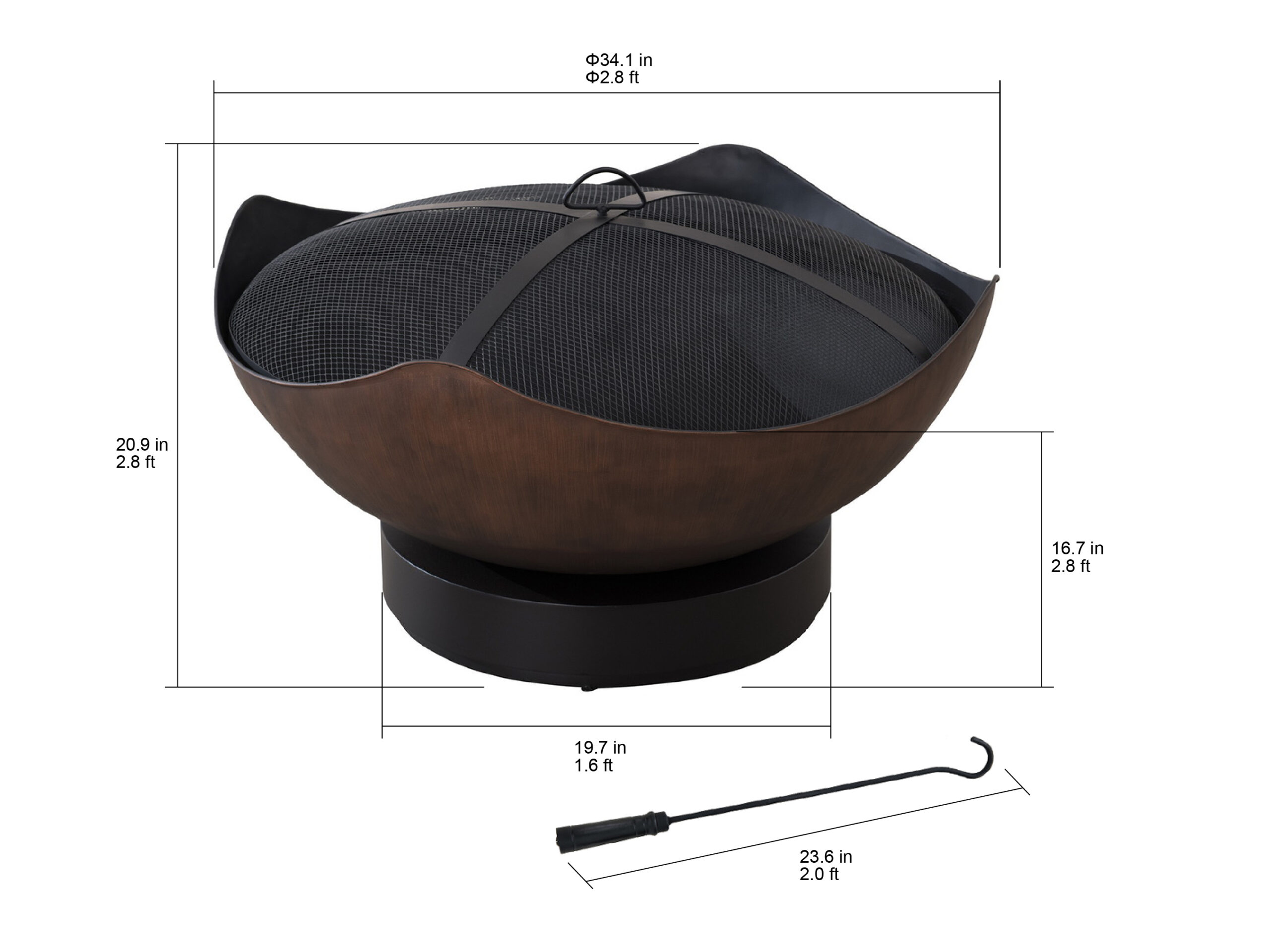 Sunjoy 34″ Large Size Outdoor Patio Round Bowl Shaped Copper Wood Burning Steel Fire Pit with Spark Screen and Poker