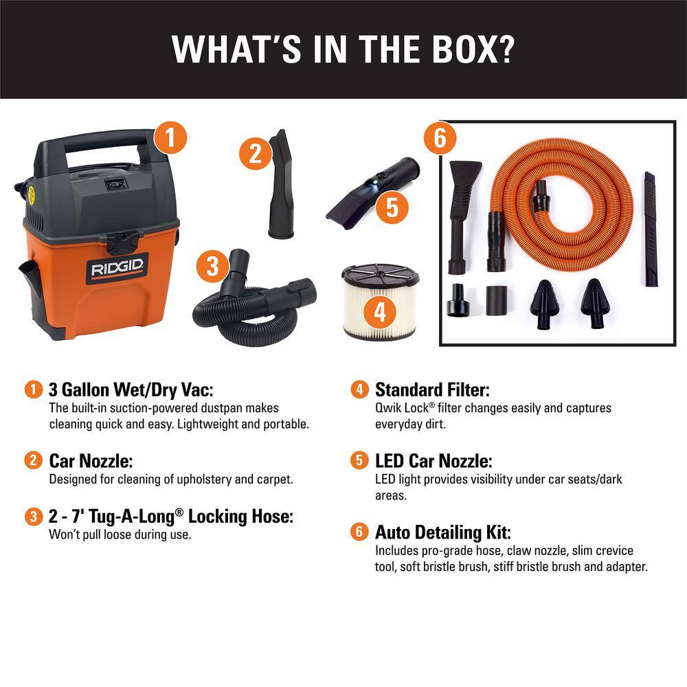 RIDGID WD3050C 3 Gallon 3.5 Peak HP Portable Wet/Dry Shop Vacuum with Built in Dust Pan. LED Lighted Car Nozzle and Car Cleaning Kit