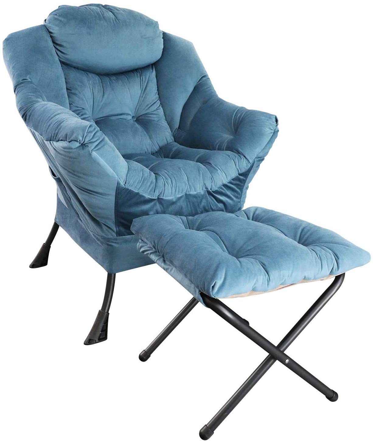 GOLDSUN Accent Chair Lazy Reclining Leisure Chair with Removable Metal Legs and High-Density Foam. Comfy Upholstered Single Sofa Chair With Ottoman for Living Room. Bedroom. Office (Blue with Ottoman)