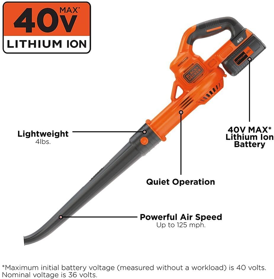 BLACK+DECKER 40V MAX Cordless Leaf Blower. Lawn Sweeper. 125 mph Air Speed. Lightweight Design. Battery and Charger Included (LSW40C)