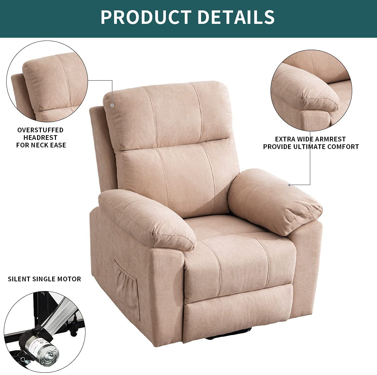Erommy Power Lift Recliner Chair with Massage and Heat. Fabric Sofa Chairs with Wireless Remote Control and Side Pocket. Linen Camel