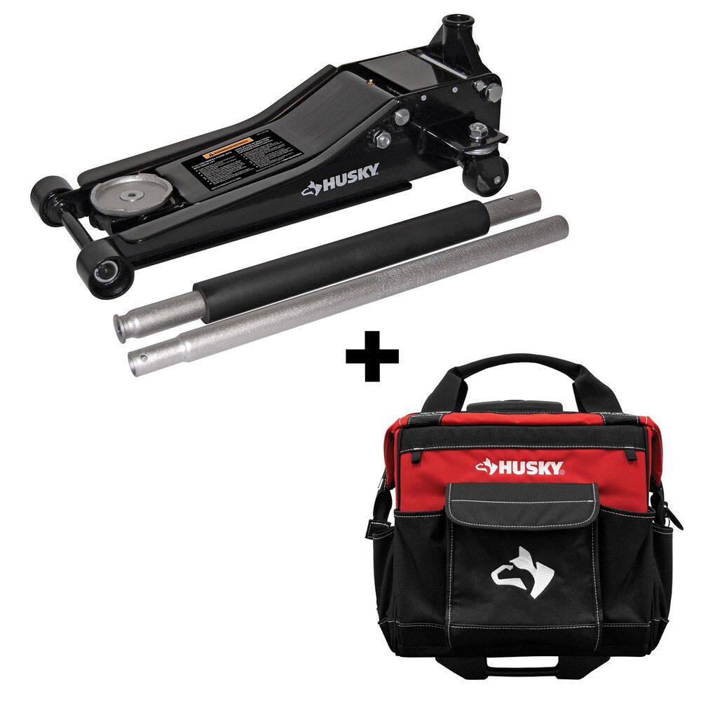 Husky HD0012065014-BD 3-Ton Low Profile Floor Jack with Quick Lift with 14 in. 13 Pocket Rolling Tool Bag