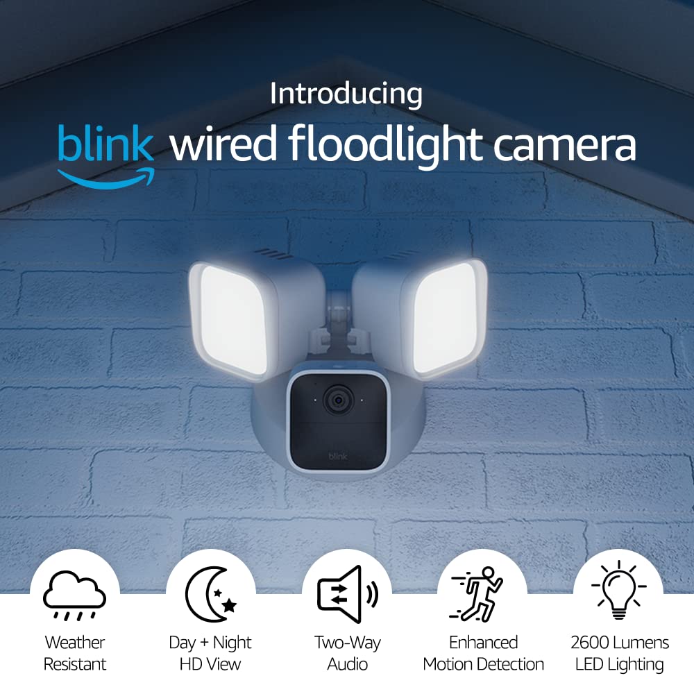 Blink Wired Floodlight Camera – Smart security camera. 2600 lumens. HD live view. enhanced motion detection. built-in siren. Works with Alexa – 1 camera (White)