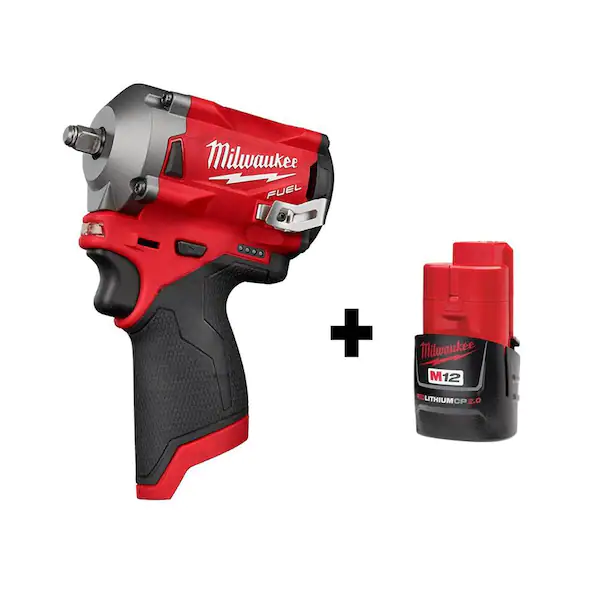 Milwaukee 2554-20-2555-20-48-11-2412 M12 FUEL 12V Lithium-Ion Brushless Cordless Stubby 3/8 in. and 1/2 in. Impact Wrenches with two 3.0 Ah Batteries
