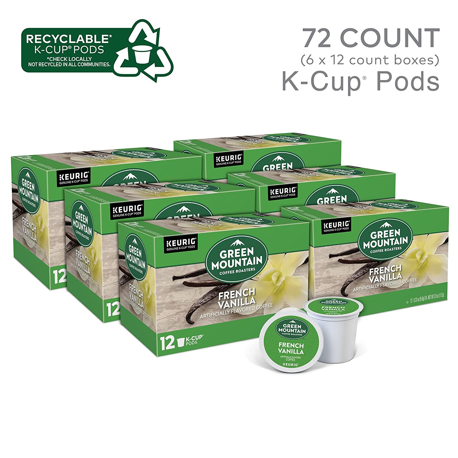 Green Mountain Coffee Roasters French Vanilla. Single-Serve Keurig K-Cup Pods. Flavored Light Roast Coffee. 72 Count