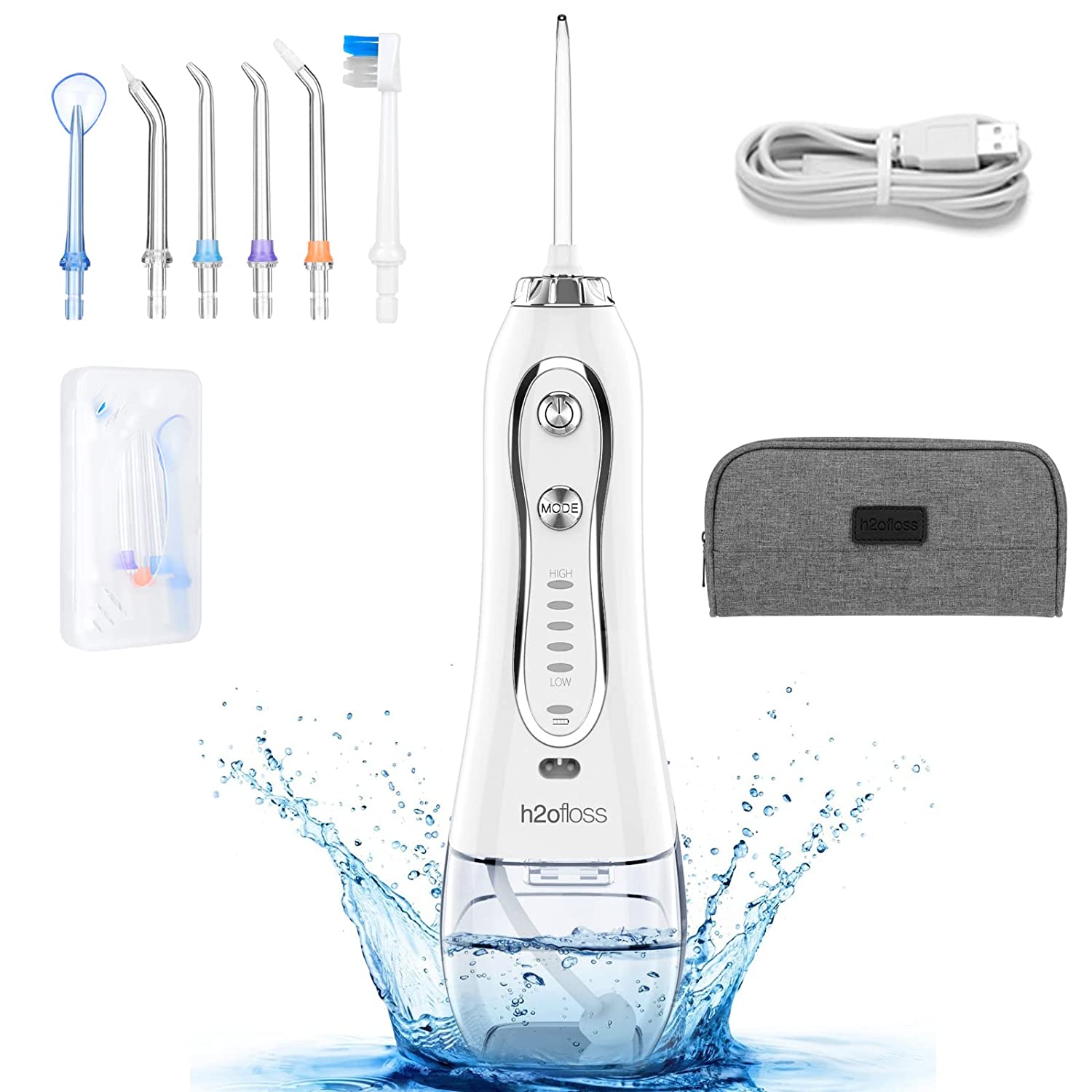 H2ofloss Water Flosser Portable Dental Oral Irrigator with 5 Modes. 6 Replaceable Jet Tips. Rechargeable Waterproof Teeth Cleaner for Home and Travel -300ml Detachable Reservoir (HF-6)