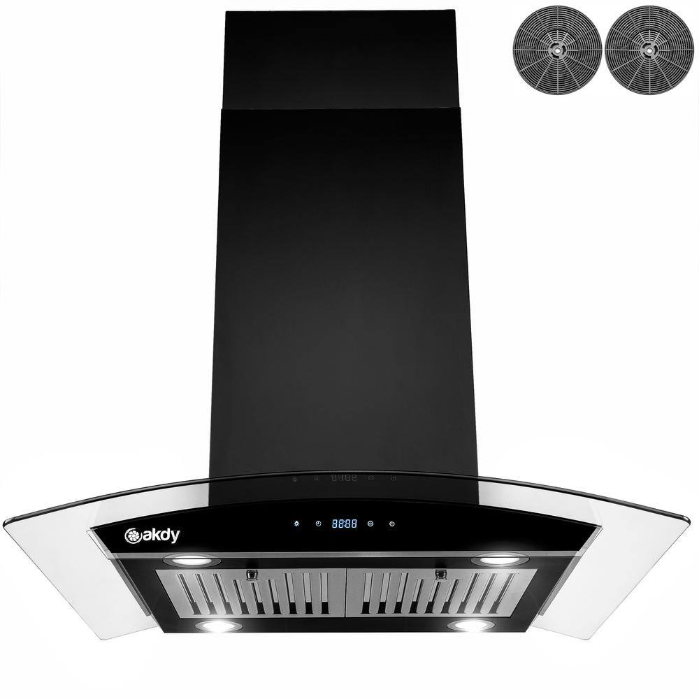 AKDY RH0481 36 in. 343 CFM Convertible island Mount Range Hood in Black Painted Stainless Steel with Glass and Carbon Filters